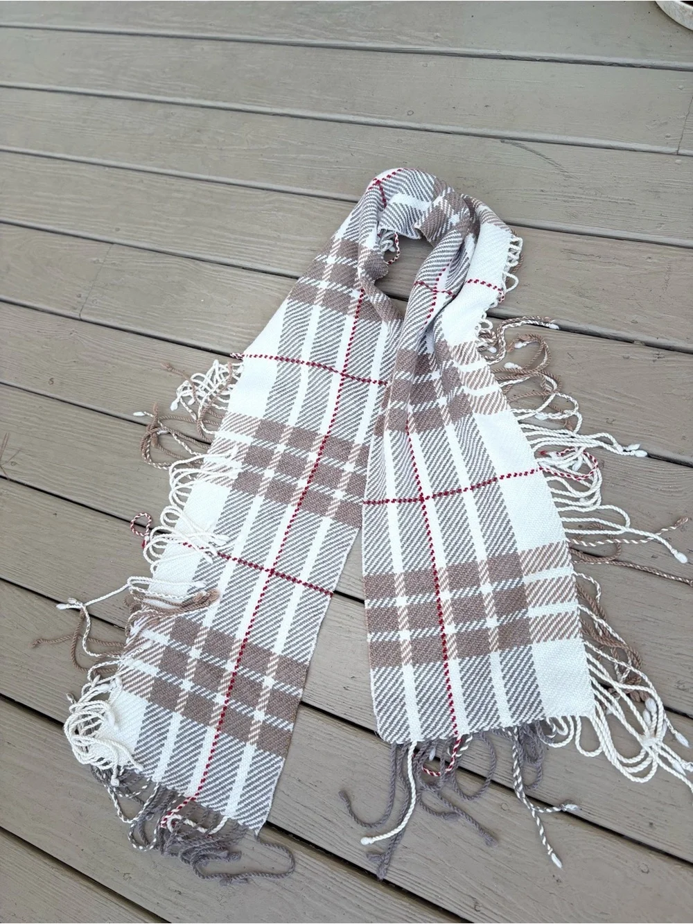 NWOT Unisex Plaid Fringe Scarf - Cream/Brown/Burgundy & Gray, Size: 72” x 10”